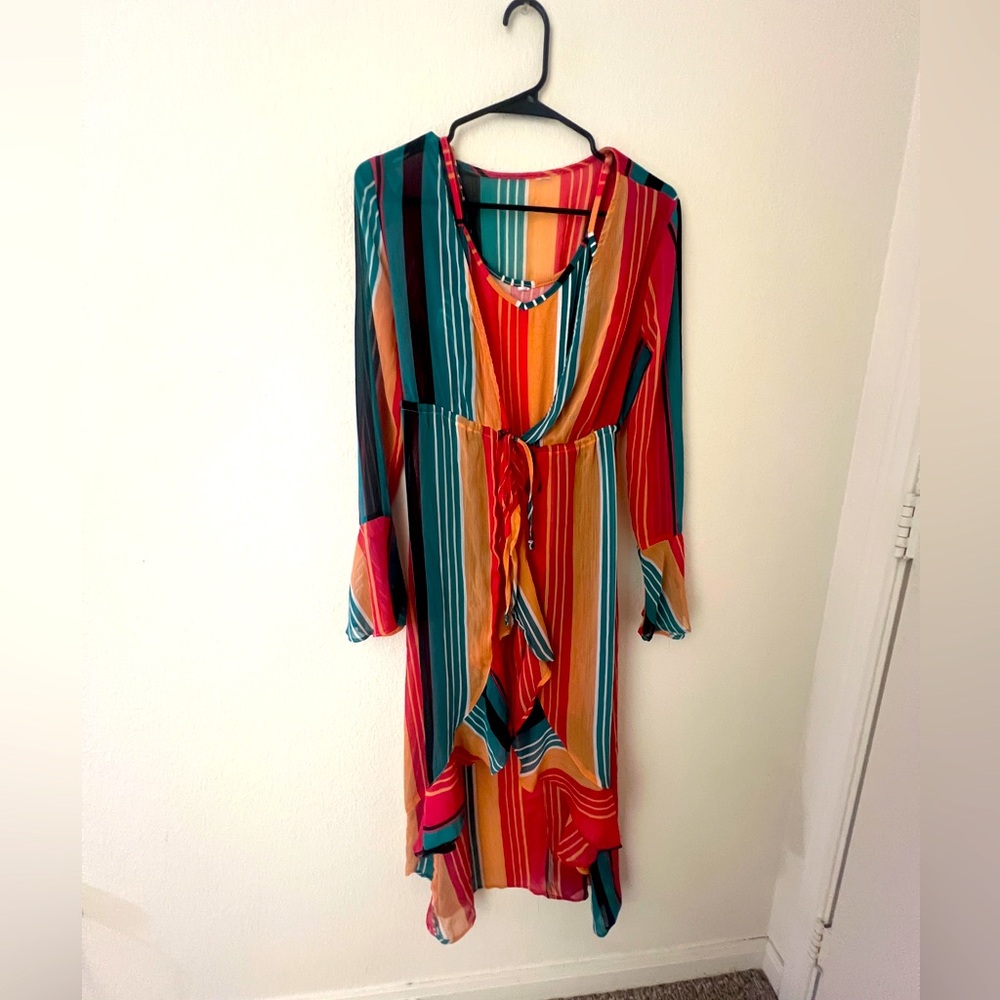 Multicolor Striped Mini dress with long sheer cardigan